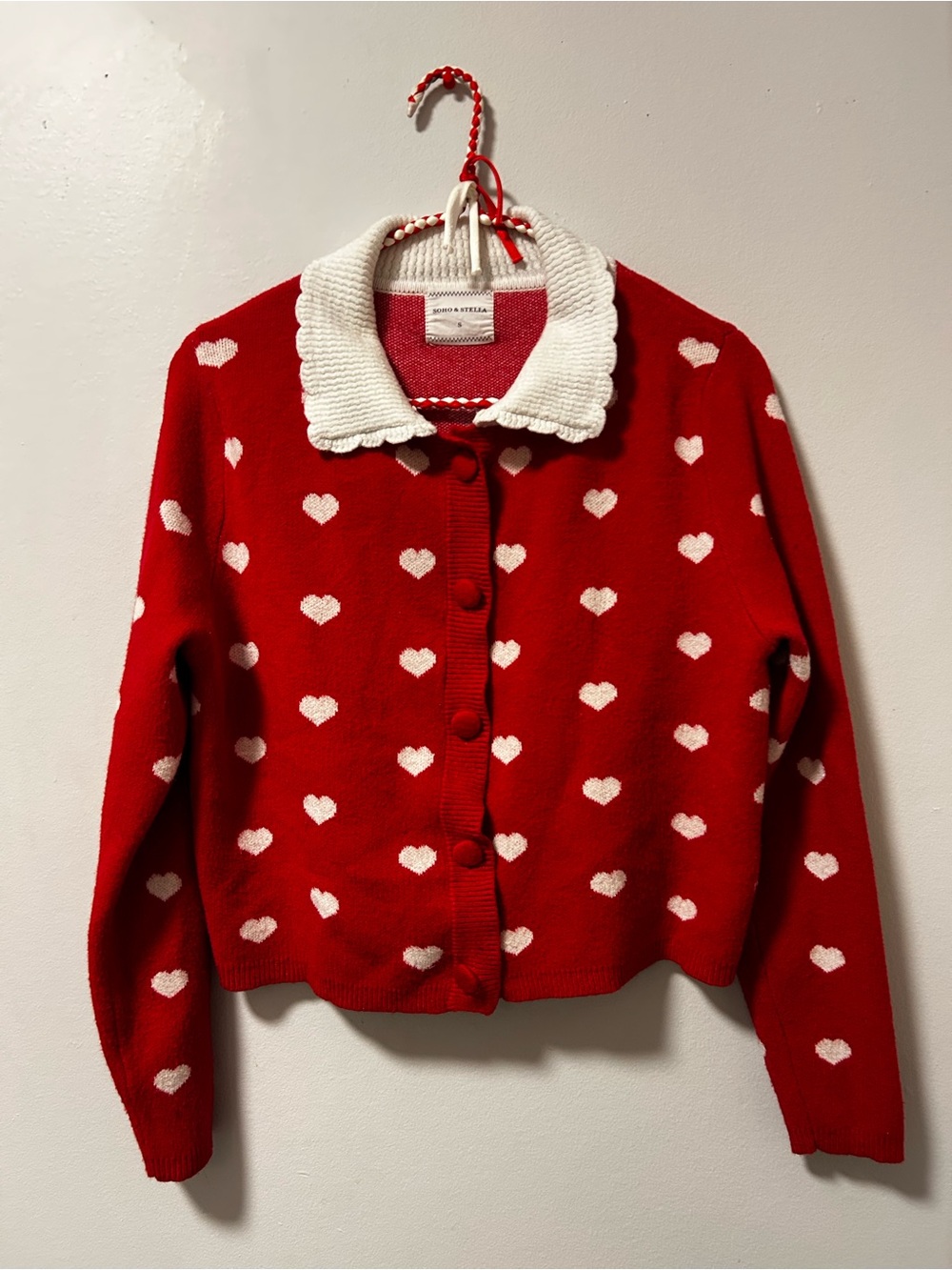 Soho and Stella Heart Print Red Cardigan with White Collar